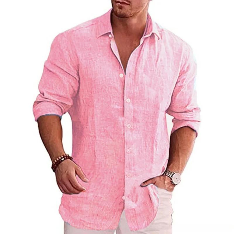 Camicia da uomo in lino a maniche lunghe con bottoni e colletto rovesciato, polsini arrotolabili, vestibilità ampia, casual, per uso quotidiano, all'aperto, da spiaggia