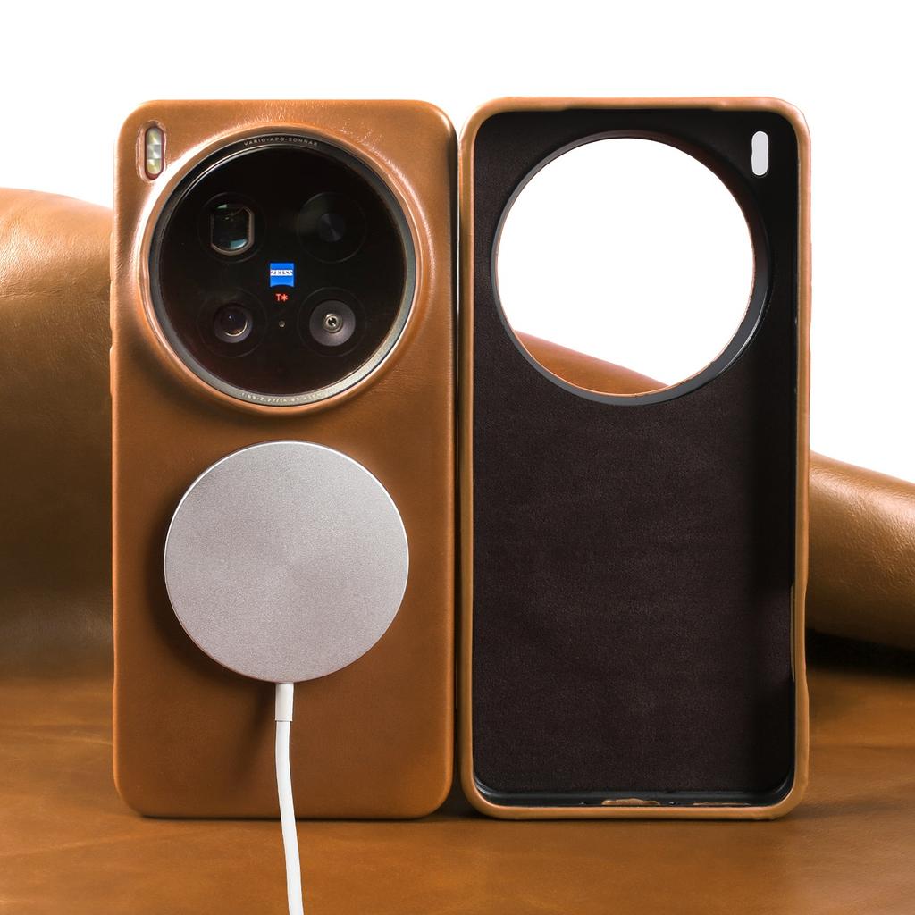 Para Capa Magsafe Para Vivo X200 Ultra X300 X100 X80 X90 Capa de Couro Genuíno de Couro Bovino com Cera de Óleo de Grão Integral Capas Magnéticas