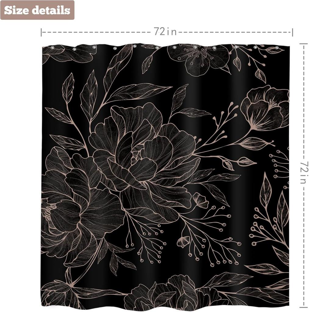 Black Peony Floral Shower Curtain Abstract Vintage Flower Blossom Plant Leaves Modern Elegant Women Cloth Fabric Waterproof