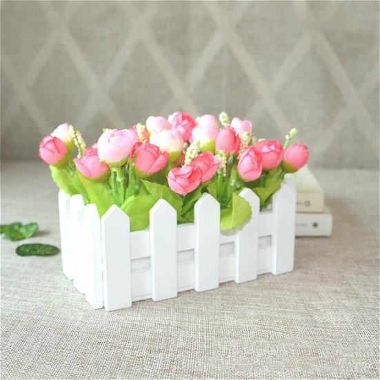 1 Set White Wooden Fence Artificial Flower Floral Holder Home Garden Decor