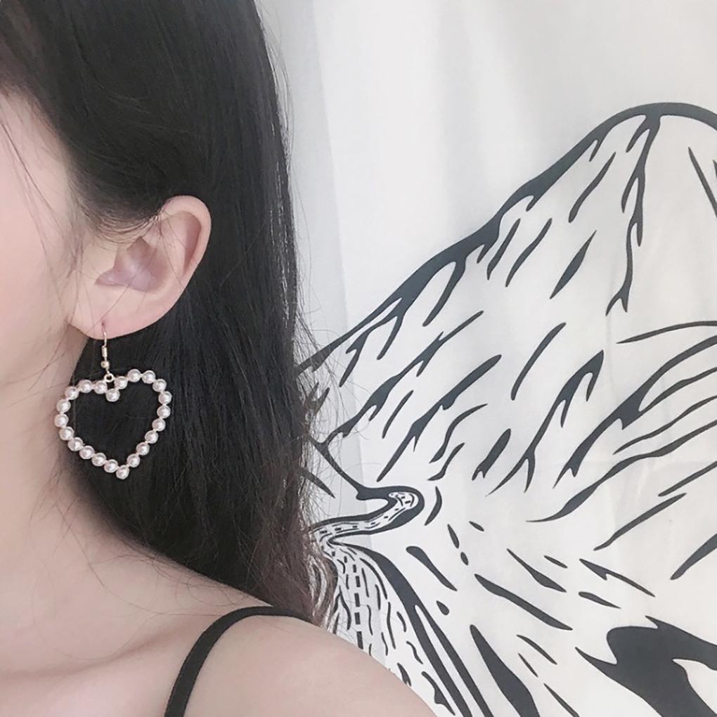 Love Heart Statement Earrings Alloy Faux Pearl Dangle Chain Hook Ear Drop Jewelry Gift for Women