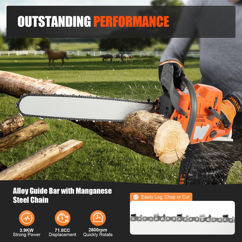 24'' 72CC Professional Gas Chainsaw Heavy Duty Alloy Guide Bar Gasoline ChainSaw for Wood Cutting Forestry Logging Lumberjacks