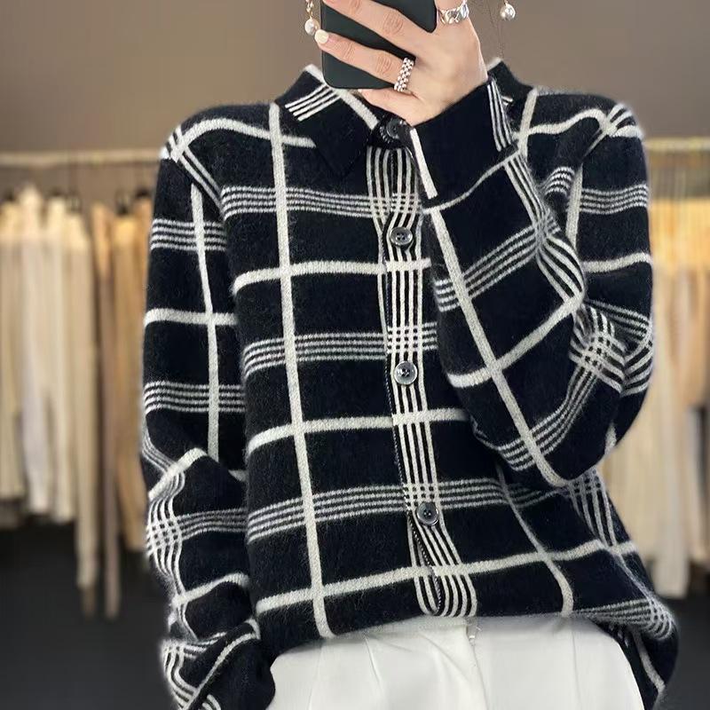 Autumn Winter New 100% Cashmere Wool Women Sweater Tailored Collar Splicing Checker Cardigan Casual Knitted Soft Jacket Tops