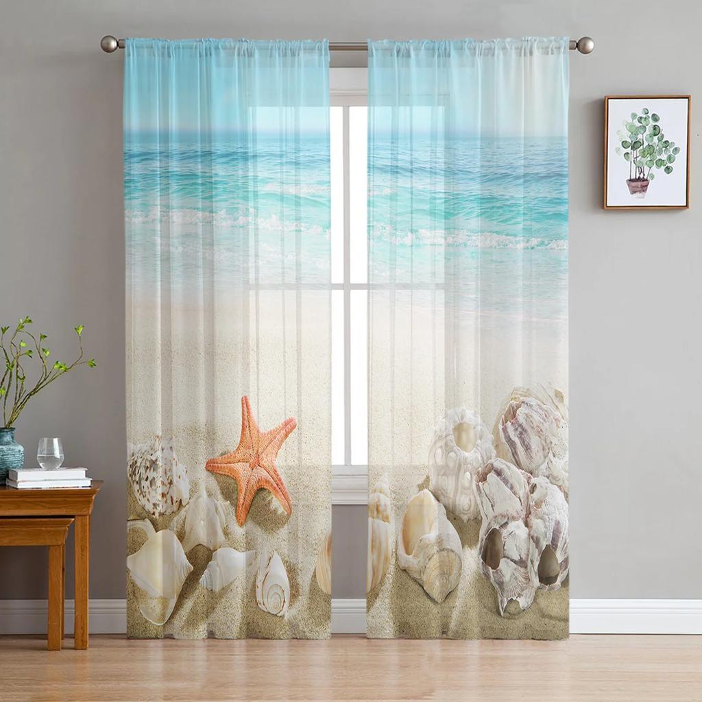 Landscape Beach Sea Water Sheer Drapes for Living Room Decoration Window Curtain for Bedroom Curtain Panels