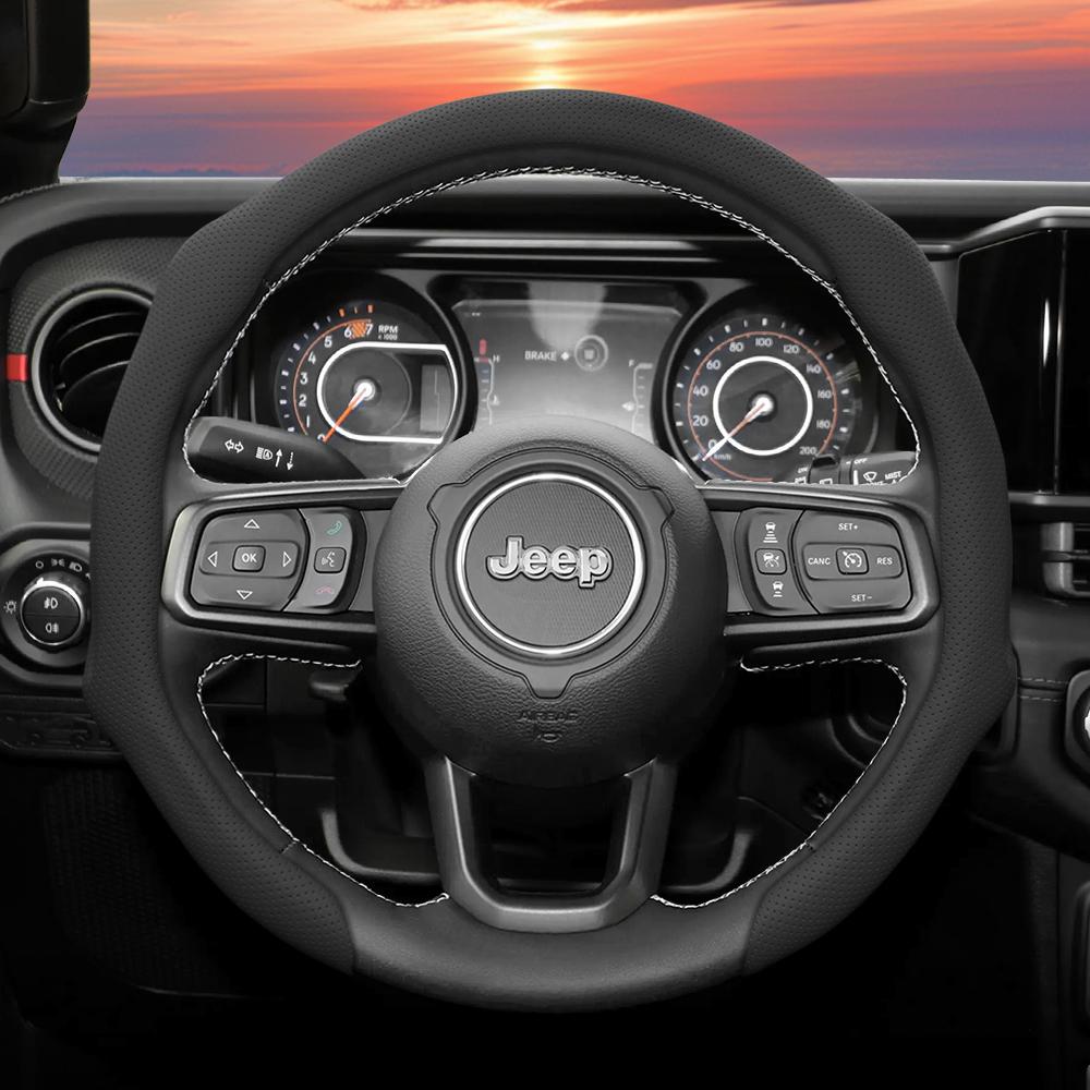 Suitable for Jeep Perforated Leather Steering Wheel Cover, Non-Slip, Sweat-Absorbent, Breathable, Integrated Snap-On Protective Case for Wrangler