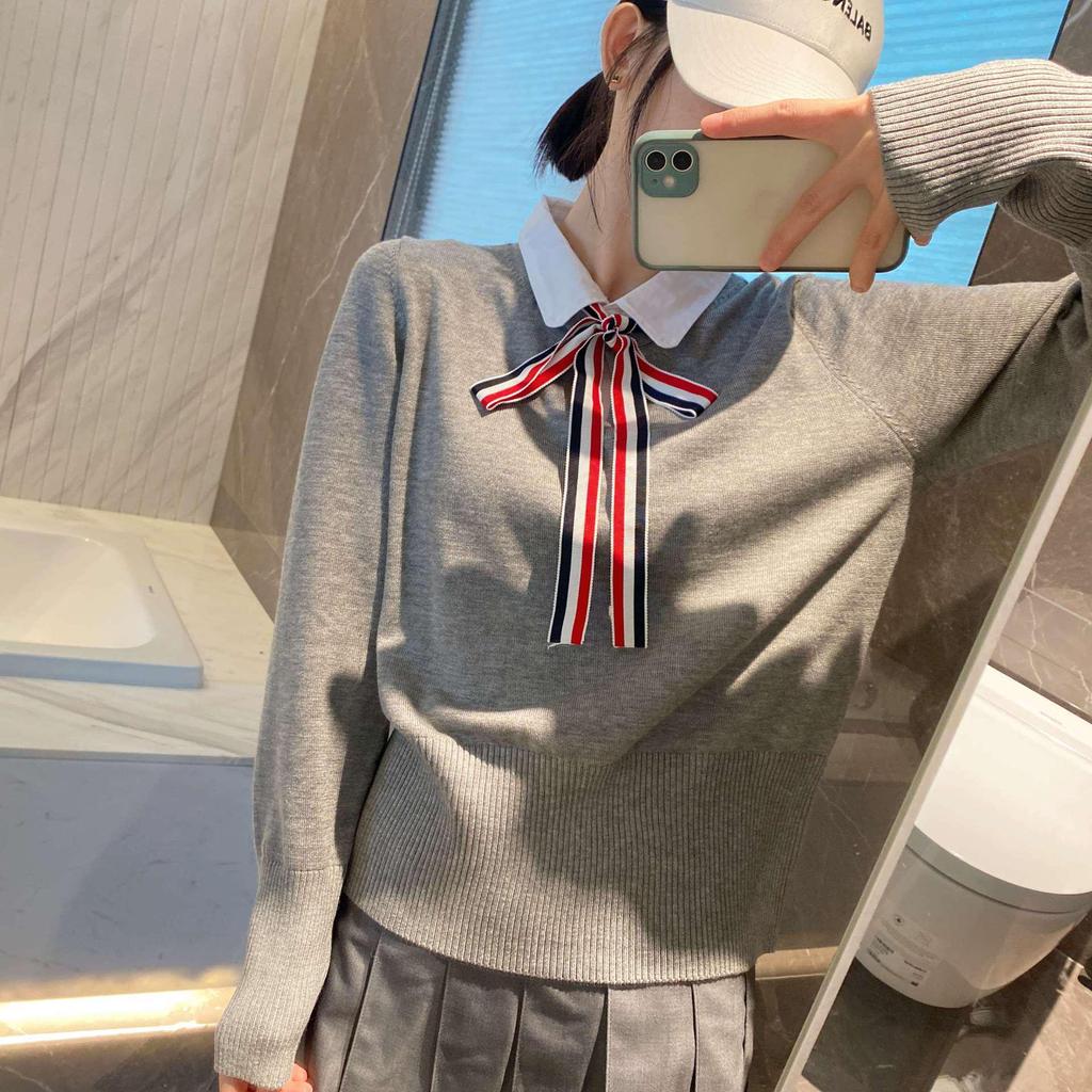 Preppy Two-Piece Bow Knit Sweater with Shirt Collar for Women