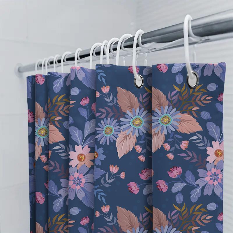 Colorful Floral Shower Curtain Navy Blue Pink Purple Green Bathroom Decor Waterproof Fabric Bath Mat Cover Free Size 72X84 Inche