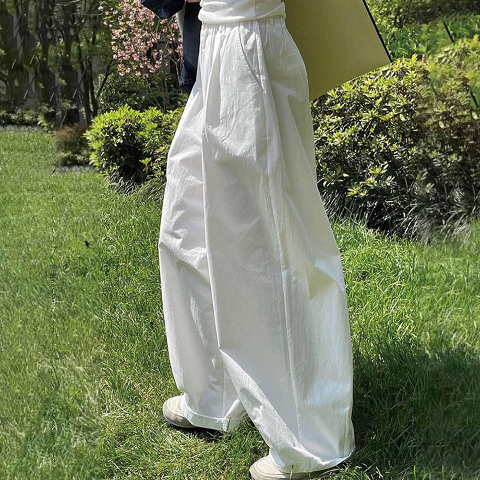 

Женские летние широкие брюки, повседневные однотонные брюки с эластичной талией и широкими штанинами, свободные брюки с карманами XL белый