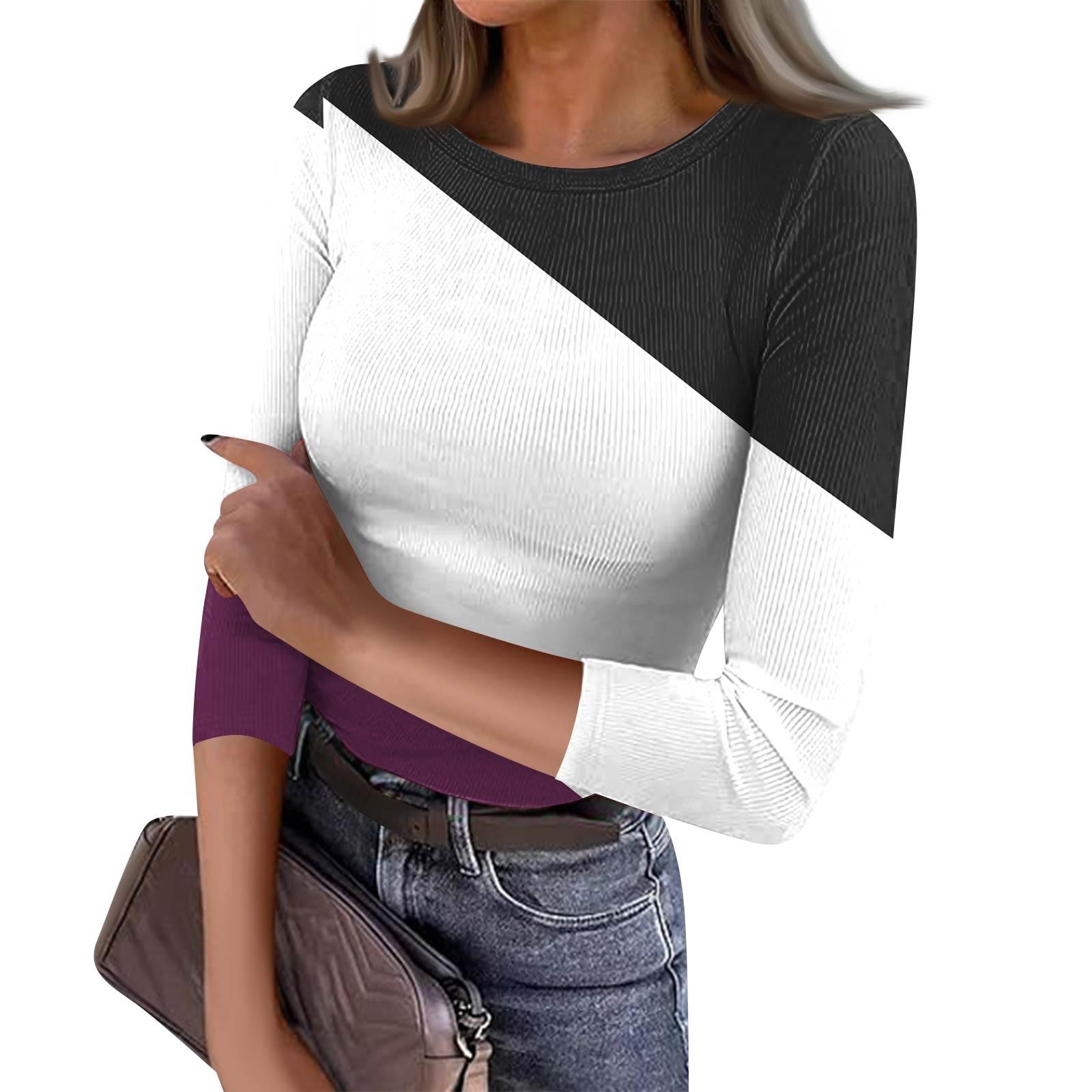 

Женская футболка с зауженным низом, модная повседневная полосатая напечатанная круглая горловина, пуловер, топ с семью рукавами XXL фиолетовый