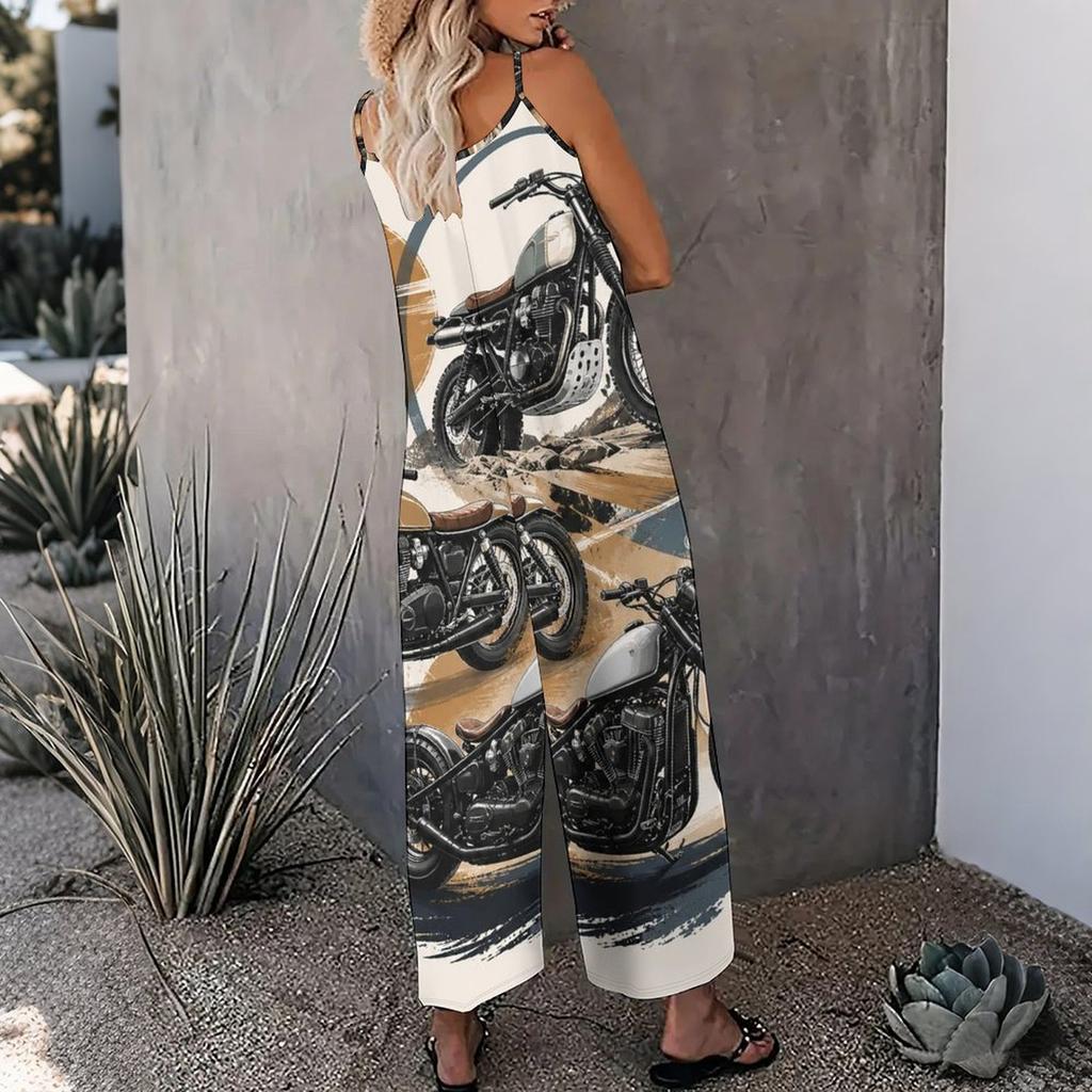 Damen Spaghettiträger Jumpsuit Abstrakt Goldene Verflochtene Herzlinien-Print Weite Hosen mit Taschen