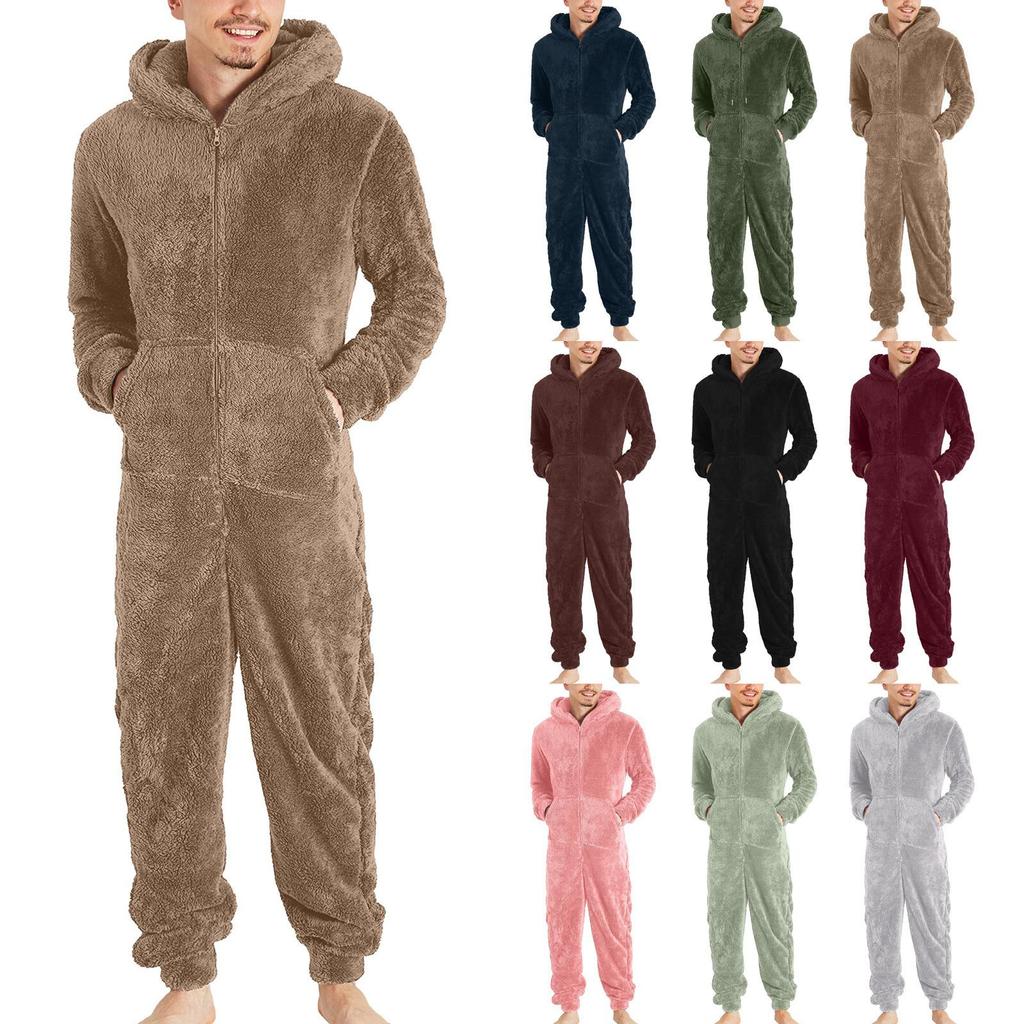 Men's Zipper Warm Plush Jumpsuit Warm Pajamas