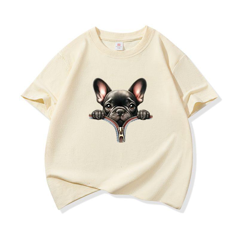 Kids Cotton T Shirt Adorable French Bulldog Zipper Print Crew Neck Short Sleeve Tee Casual Boys Girls Summer Tops