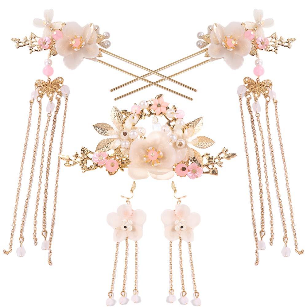 Chinese Long Tassel Hairpins Women Girls Flower Crystal Hair Comb Earrings Handmade Hanfu Headwear Sets Fashion Hair Clips