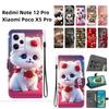 Handmade PU Leather Flip Case for Redmi Note 12 Pro/Xiaomi Poco X5 Pro Anti-Slip Shockproof Cover with Wrist Strap & Heart/Rose Cat Designs