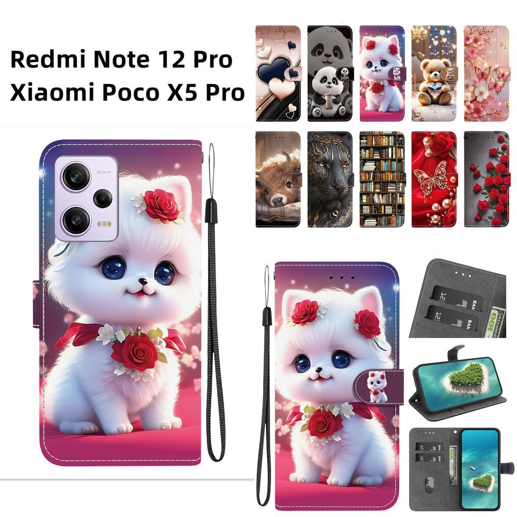Handmade PU Leather Flip Case for Redmi Note 12 Pro/Xiaomi Poco X5 Pro Anti-Slip Shockproof Cover with Wrist Strap & Heart/Rose Cat Designs