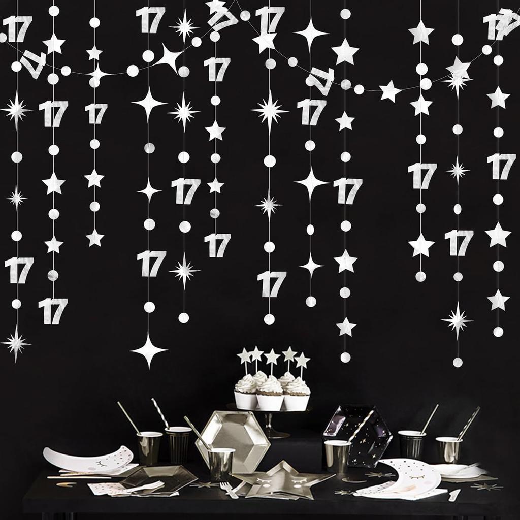 Black 17th Birthday Decorations Number 17 Circle Dot Star Garland Streamer Banner Backdrop for Girls Boys Cheers to 17 Years Old Birthday 17 and