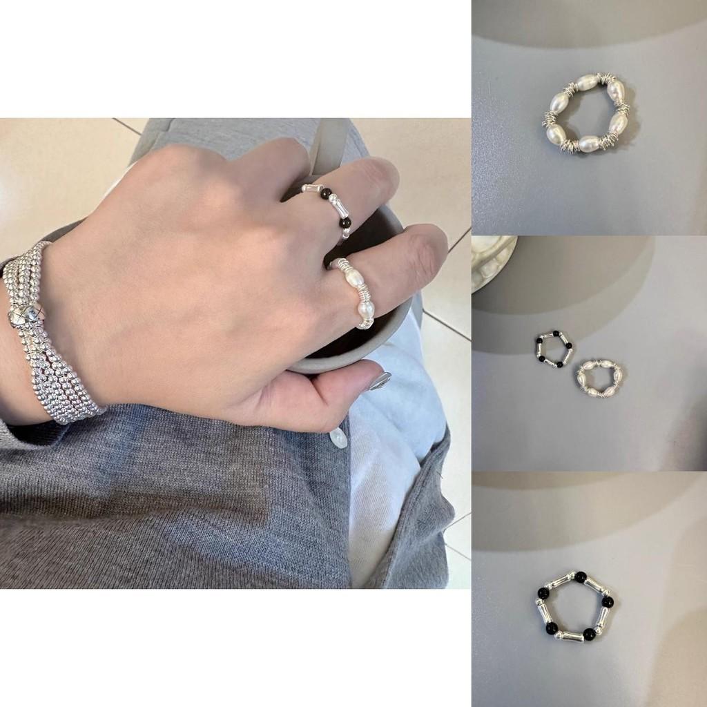 Korean Trendy Pearl And Silver Geometric Stretch Bracelet Ring For Women Fashionable Luxury Accessory