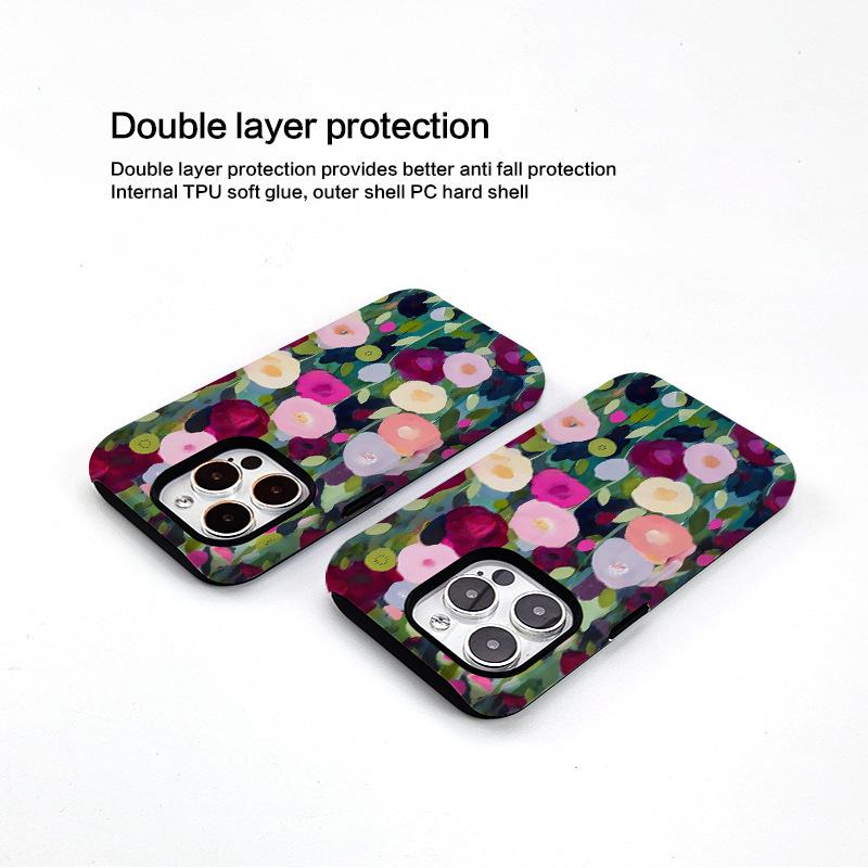 Coque de téléphone à motif floral peint à l'huile pour Apple 14-16, style coréen, et ensemble 2-en-1 pour 15 Pro Max.