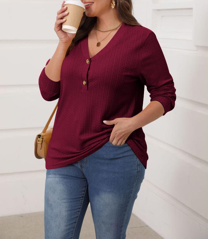 2025 Damen Einfarbig V-Ausschnitt Knopf Langarm Lässiges Mode-T-Shirt für Herbst/Winter