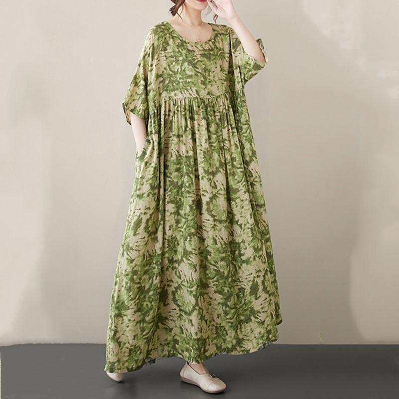 Krátký rukáv Velké bavlněné vintage květinové nové šaty pro ženy ležérní volné dlouhé letní šaty