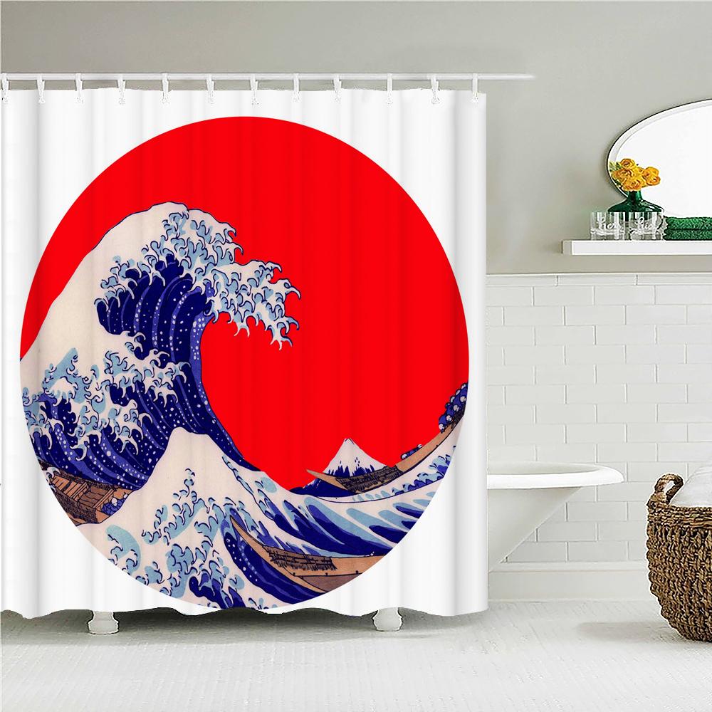 Classic Creativity Waves Spray Bath Curtain Waterproof Fabric Japanese style Shower Curtains Bathroom Bathtub Screen With Hooks