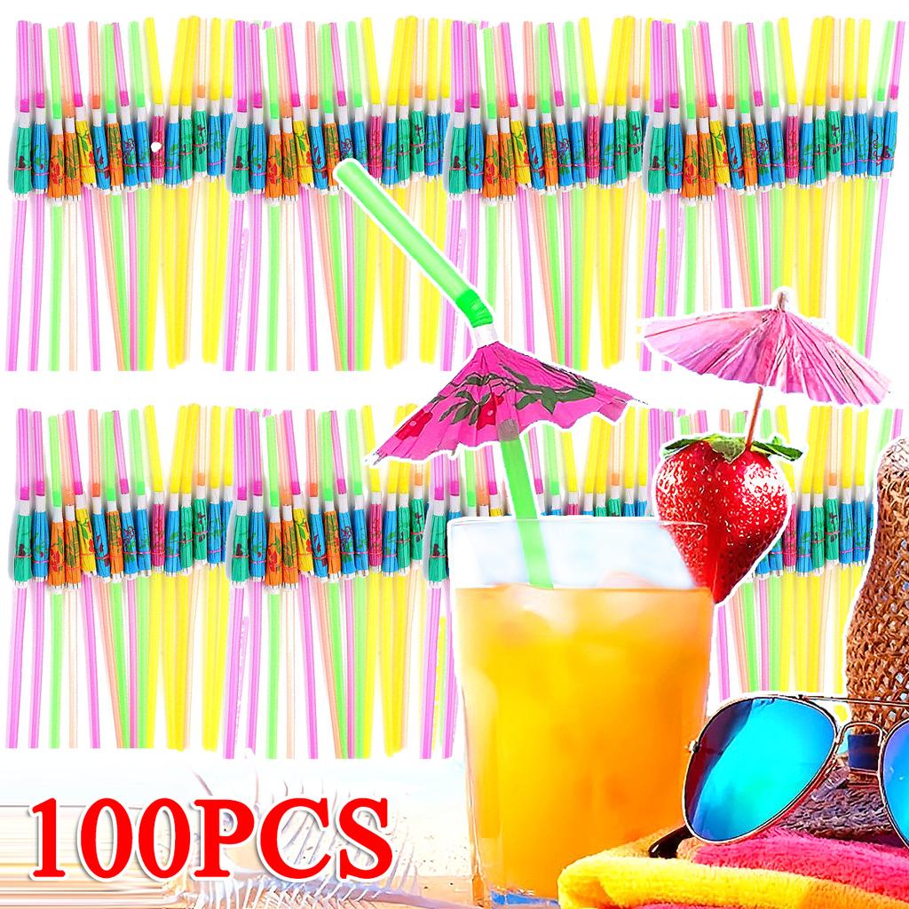 Lots Disposable Straws Rainbow Umbrella Fruit Straws Table Decoration Tropical Drinks for Cocktail Soft Drinks Hawaiian Party