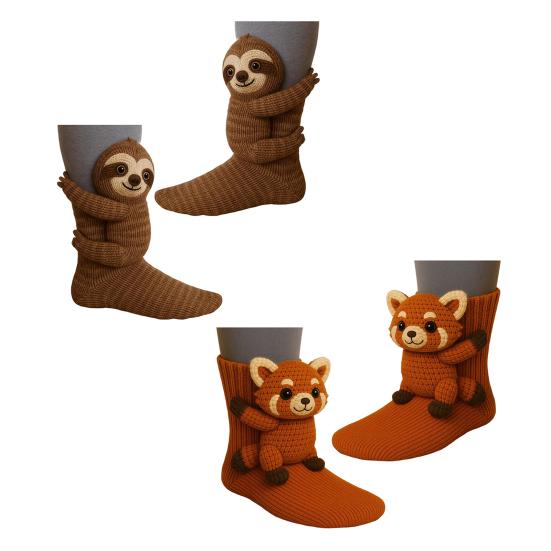 2 páry 3D pletených zvířecích ponožek, ručně háčkované ponožky s zvířecí panenkou, lenochod