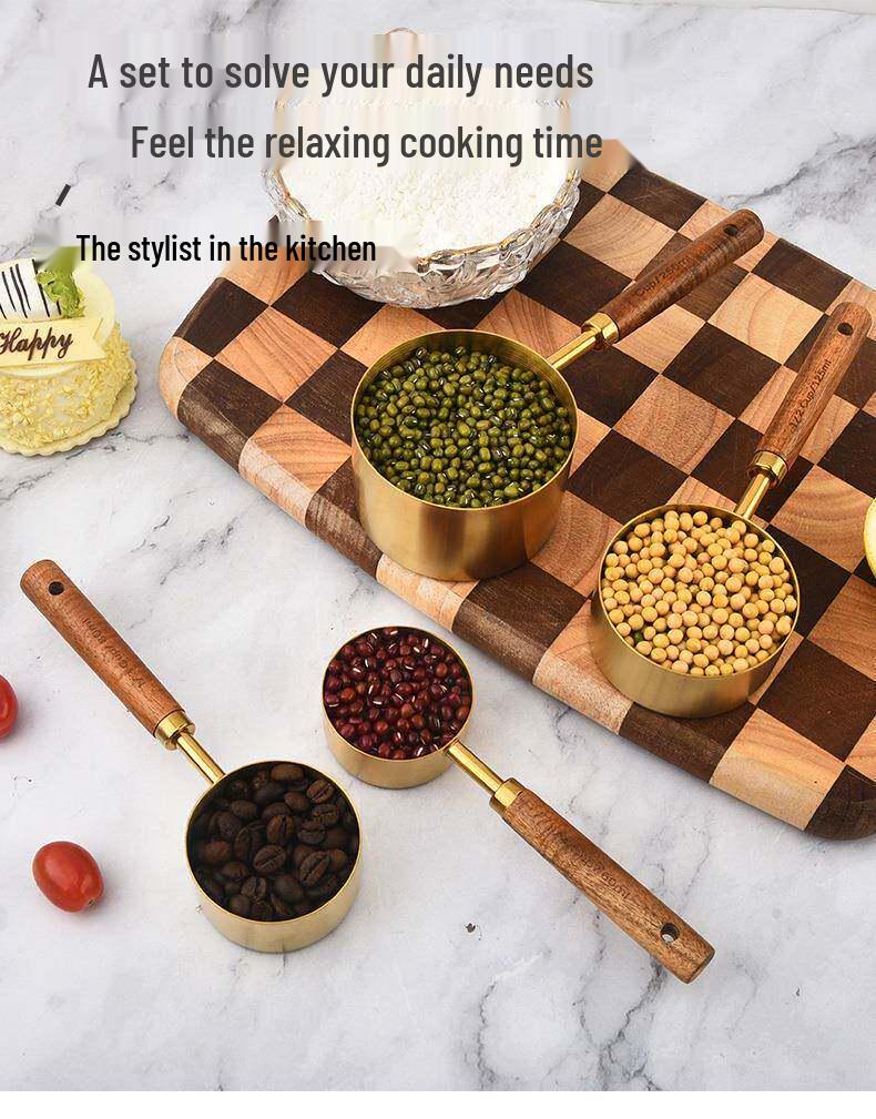 8-Piece Rose Gold Stainless Steel Measuring Spoon & Cup Set with Acacia Wood Handles