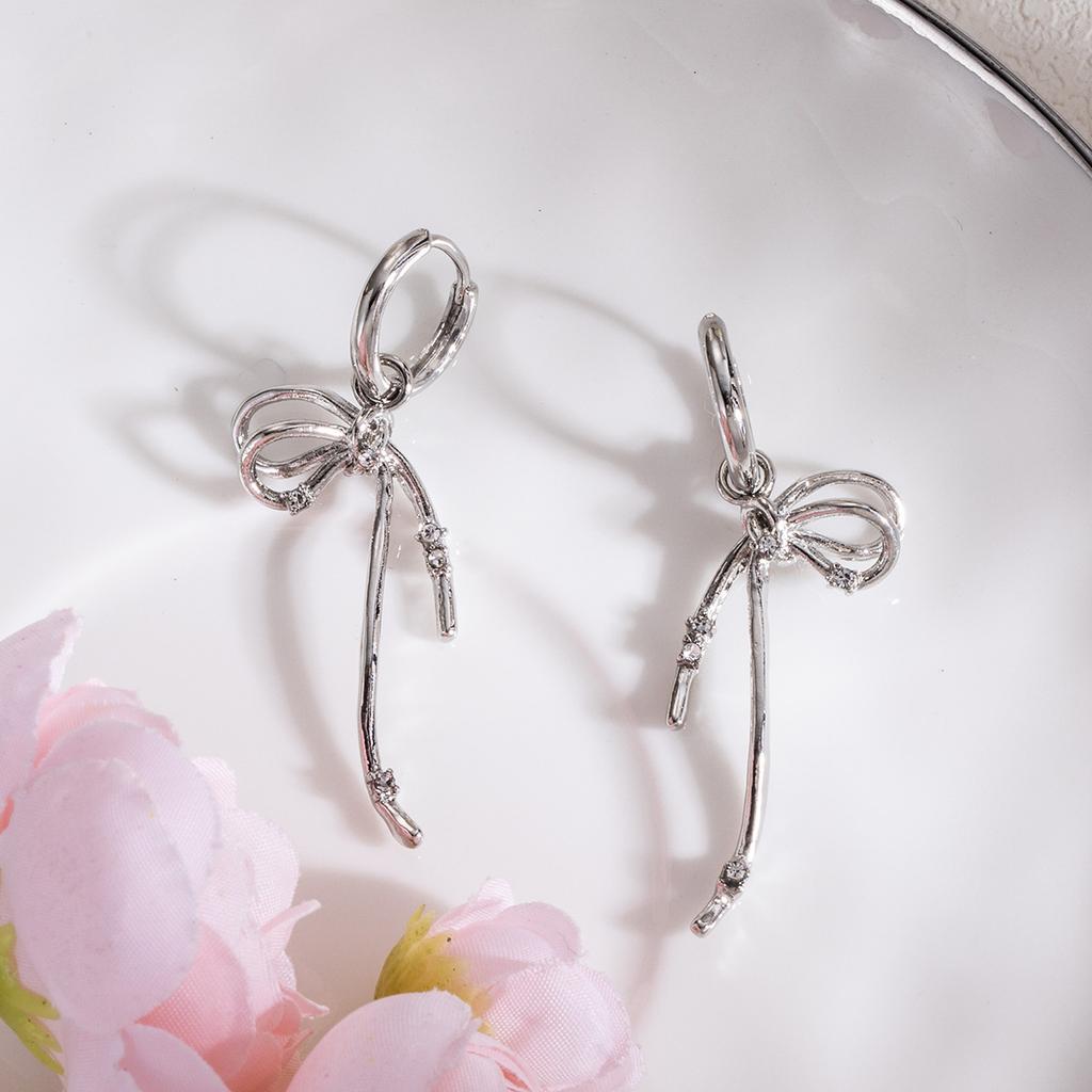Silver Needle Exquisite Ballet Style Ribbon Bow Earrings, Light Luxury Design Sense Small Fresh Fashion Temperament Ear Buckle Women