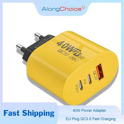 Adattatore di Alimentazione a Ricarica Rapida 40W 2 Porte PD e 1 Porta QC 3.0 Caricatore da Muro USB Tipo C Spina US/EU Per iPhone Samsung Xiaomi Ricarica Rapida
