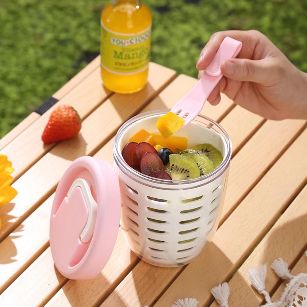 Portable Sealed Picnic Container Large Capacity Poke Salad Box With Fork Plastic Cup For Fruit Veggie Meal