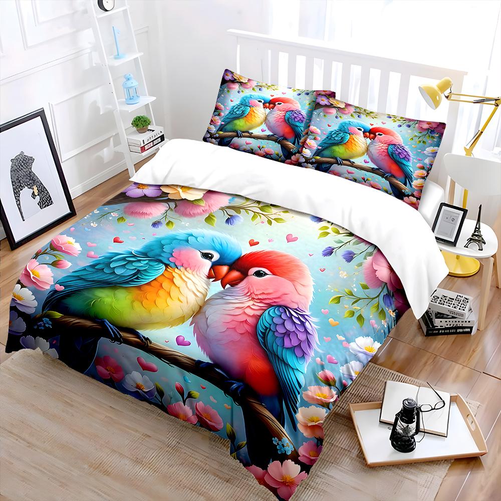 Two Lovebirds In Love Flowers Pattern Duvet Cover Set Digital Print Polyester Bedding with Zipper Closur for Kids Gifts