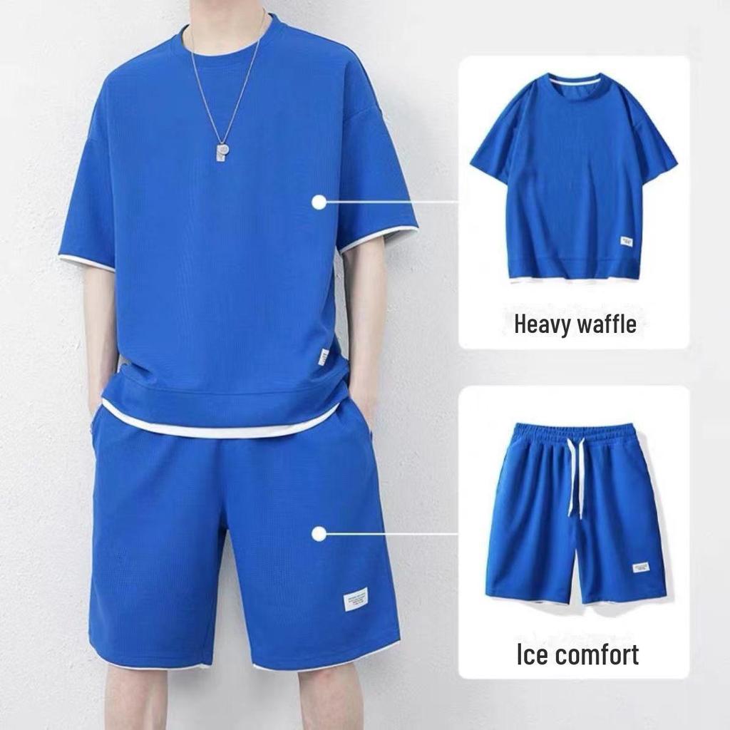 2022 Men's Waffle Short Sleeve Sports Leisure Suit - 2-Piece Set