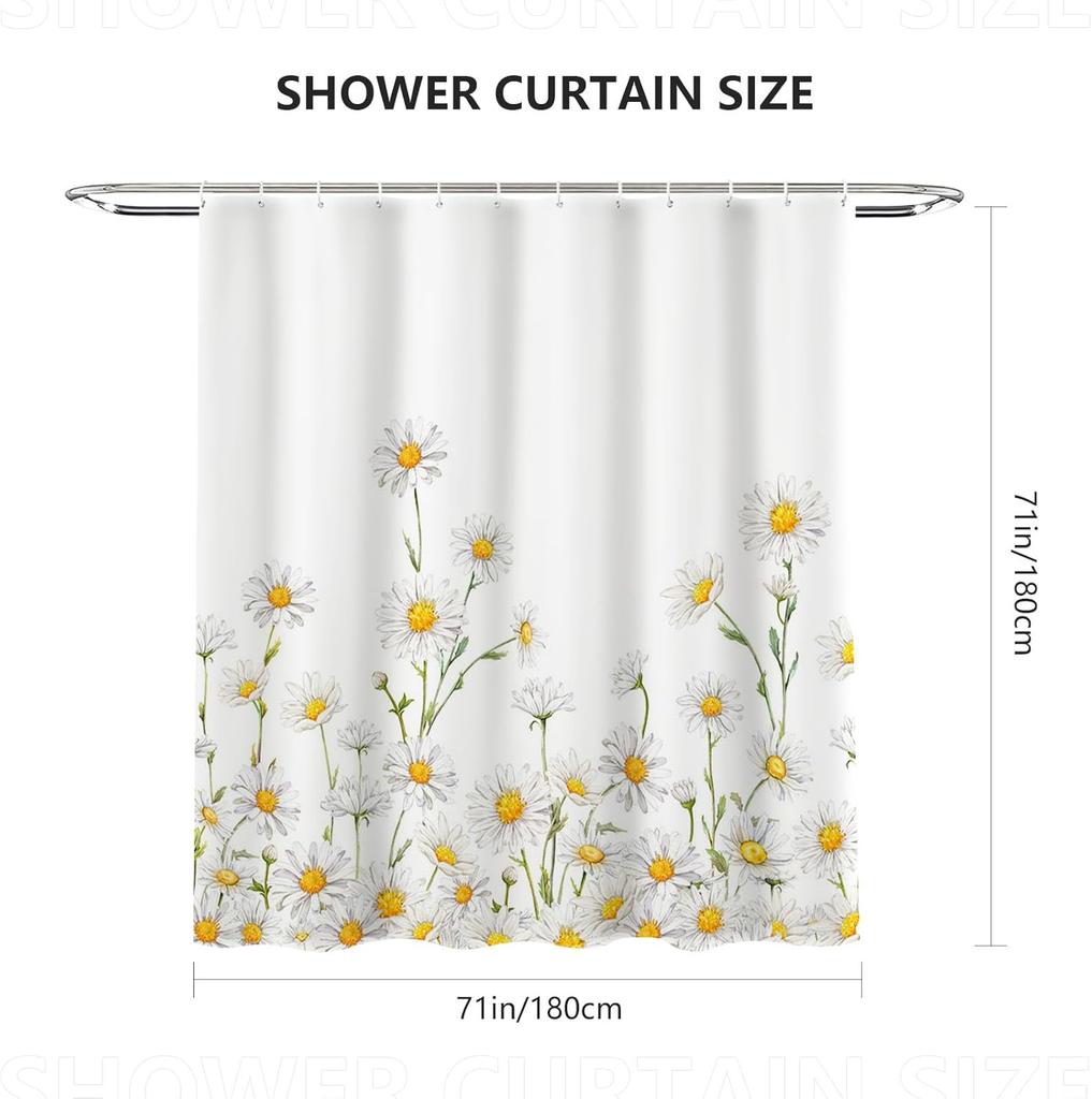 White Daisy Pattern Shower Curtain With Country Style Flower Design Bathroom Shower Curtain With 12 Hooks, Size 180 X 180Cm