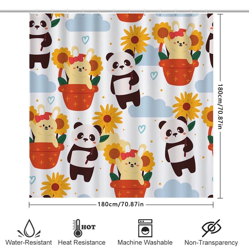 Bright Sunny Day Cartoon Shower Curtain Cute Panda Rabbit Yellow Flowers Bathroom Decor Home Decoration Waterproof Fabric For Ki