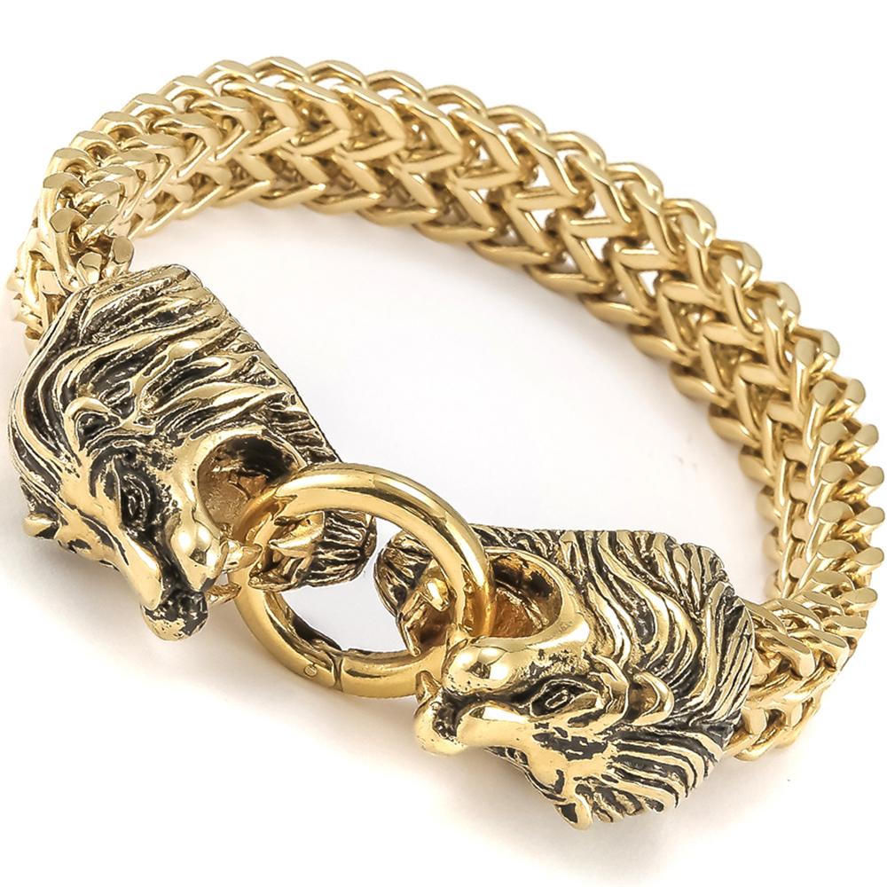Cool Lion Head Bracelet for Men Figaro Link Chain Mens Cuff Bracelets Heavy Solid Stainless Steel Male Jewelry Bangles