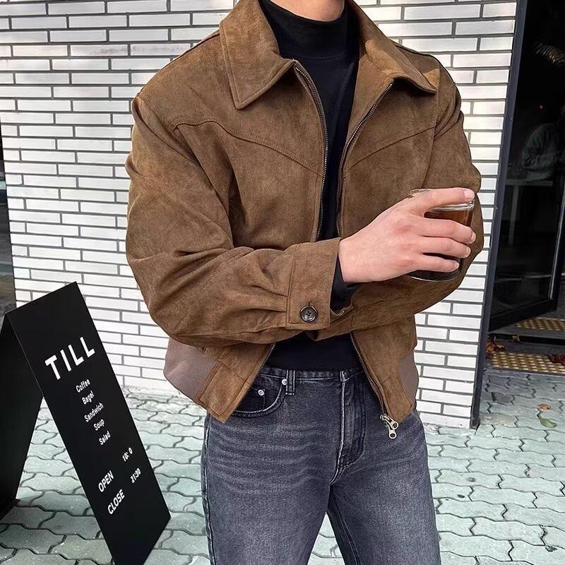 Men's Retro Suede Lapel Jacket - Stylish Autumn/Winter Zipper Coat