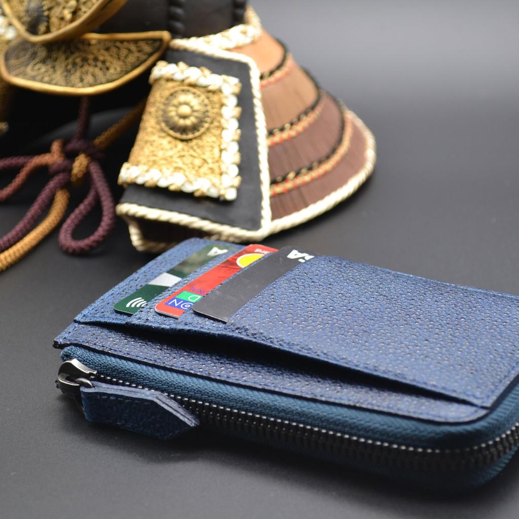 Himeji Kurozan Leather, Armor Leather, and Tochigi Leather, Indigo Dyed, Lacquered, L-Shaped Wallet with Coin Pocket, Made in Japan with Japanese