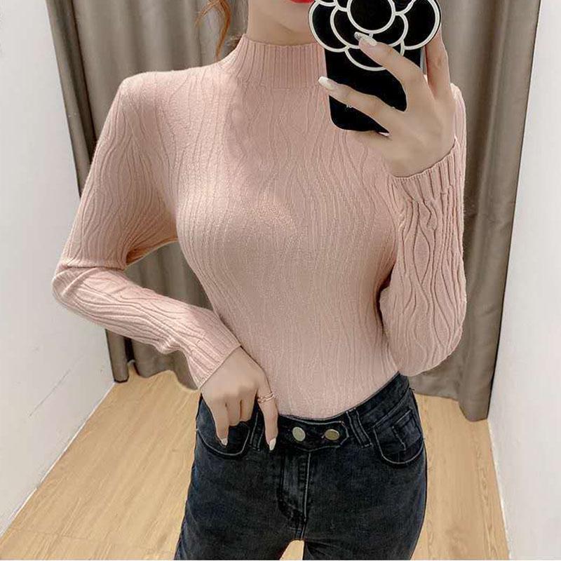 Autumn Winter Knitted High Neck Sweater Women's Solid Color Stretch Slim Bottoming Shirt All-mach Wrinkle Pullover Jumper Top