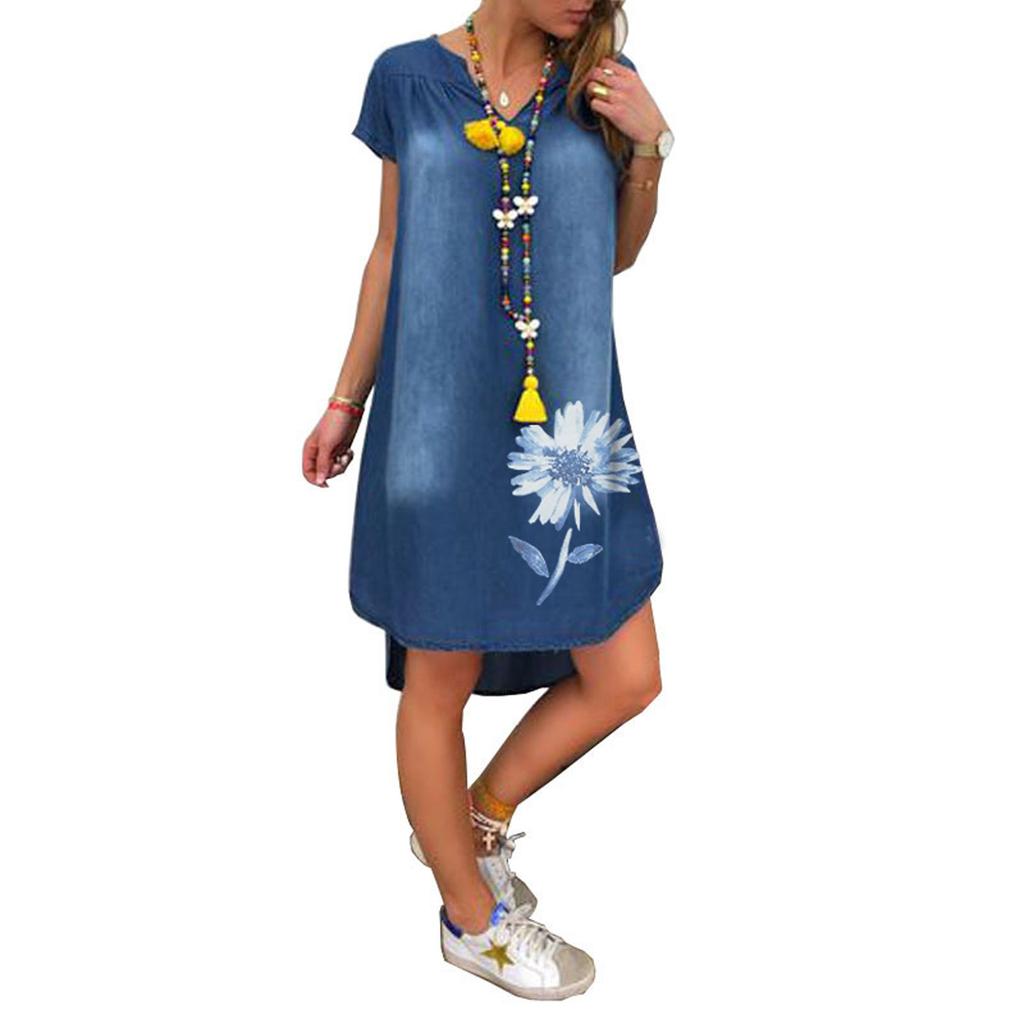 Fashion Women's Casual Printed V-Neck Short Sleeve Knee Length Denim Dress