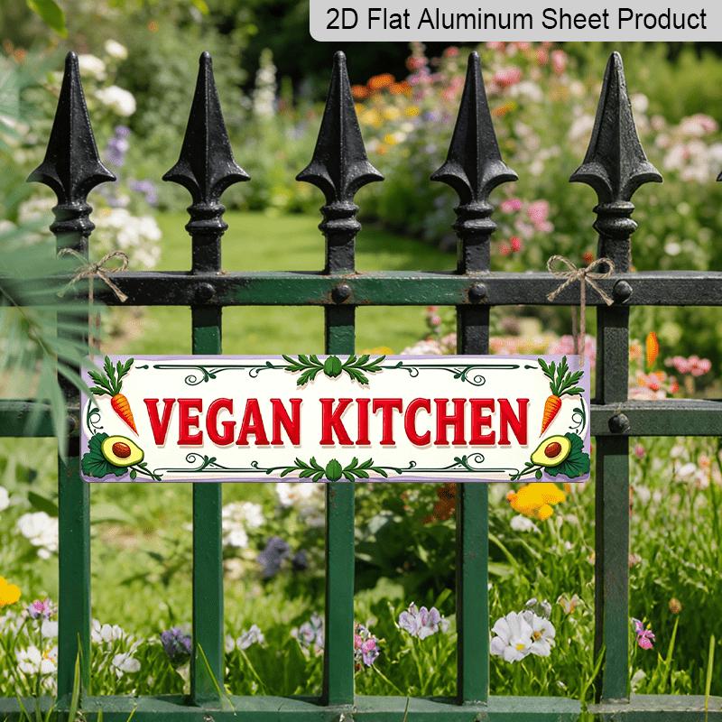 2D Flat, Vegan Kitchen with Vegetables Decoration Metal Sign - Vintage Scratch & Resistant, Wall Art for Home/Cafe, 15.7×3.94inch, 2D Flat Aluminium