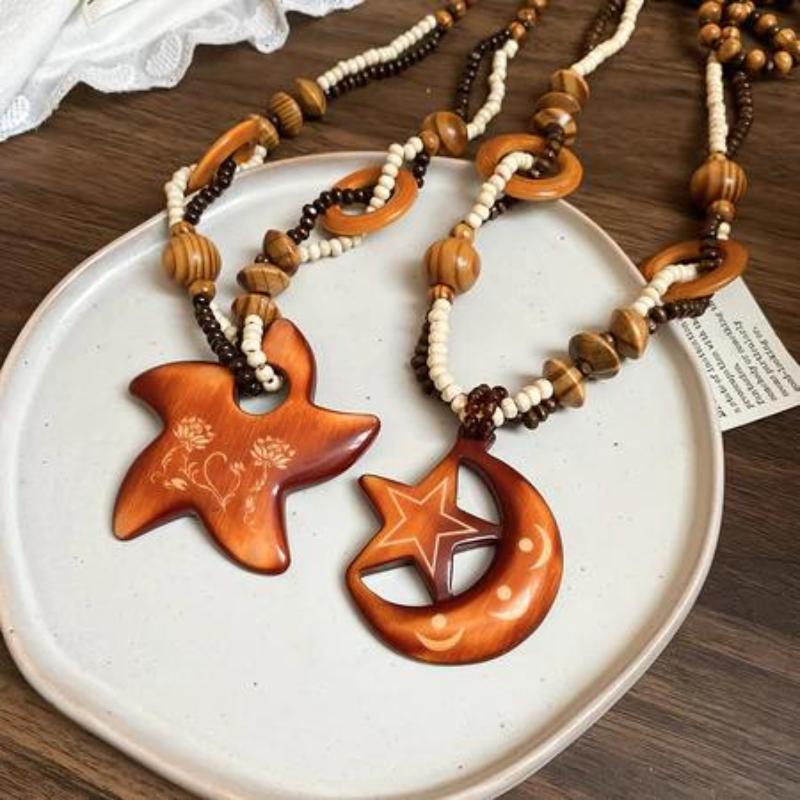 Bohemian Wood Bead Star Pendant Necklace Handmade Hypoallergenic Boho Accessory for Women Birthday Gift Daily Wear