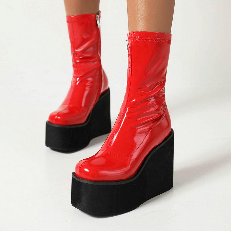 Foam Light-weight Sole Platform Wedges High Heels Girls Shoes Gloss Patent PU Leather Red White Ankle Stretch Booties Gothic Women Black Boots