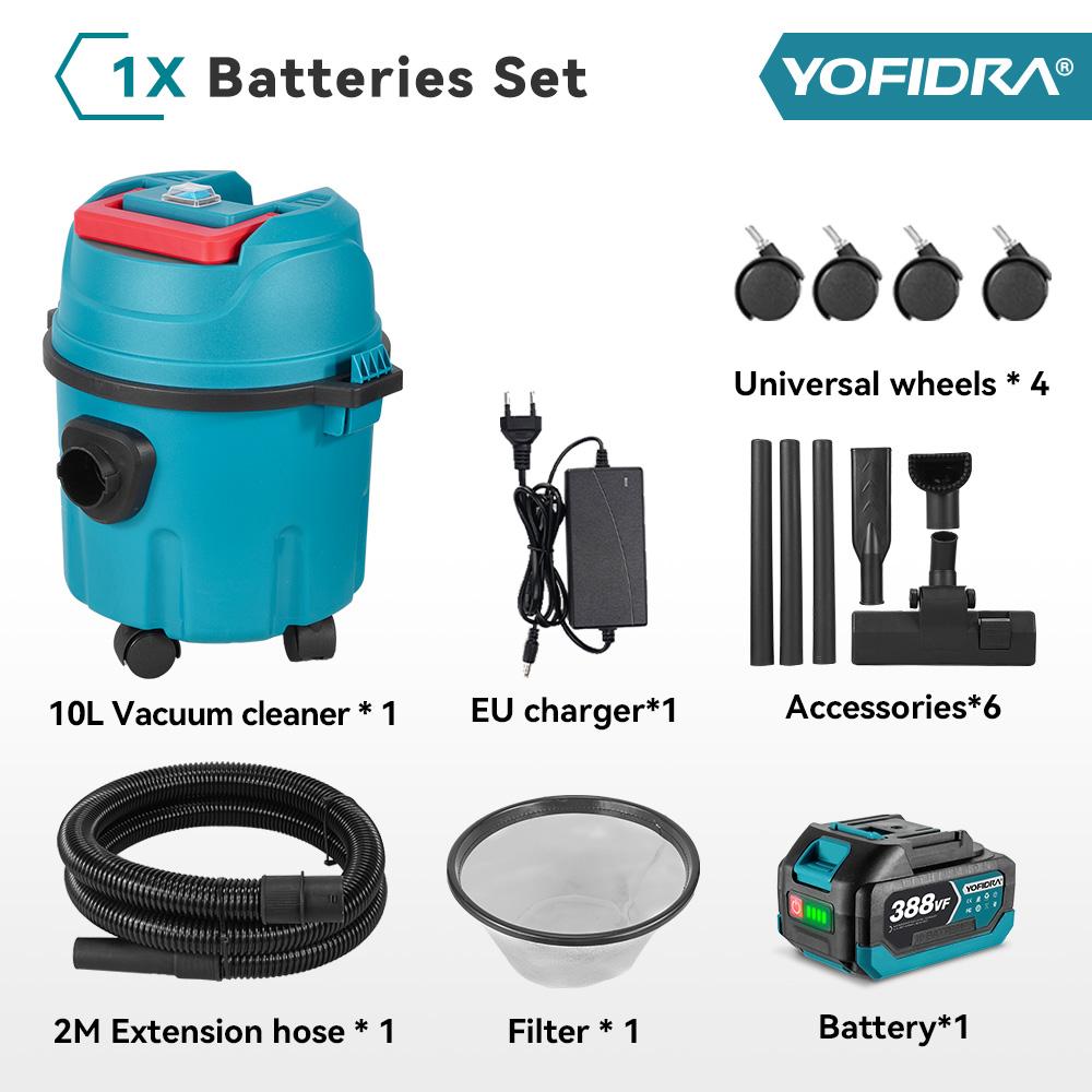 

YOFIDRA 35кПа Електричний пилосос для вологого та сухого прибирання Бак 10 л з колесами Побутові промислові інструменти для прибирання Для акумулятора Makita Pin 1xBattety-EU Plug