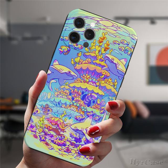 For Iphone 13 11 12 14 Pro Max X Xs Xr Mini 6s 7 8 Plus Xsmax Black Case Cosmic Whale Shark Animal Art Silicone Protective Cover
