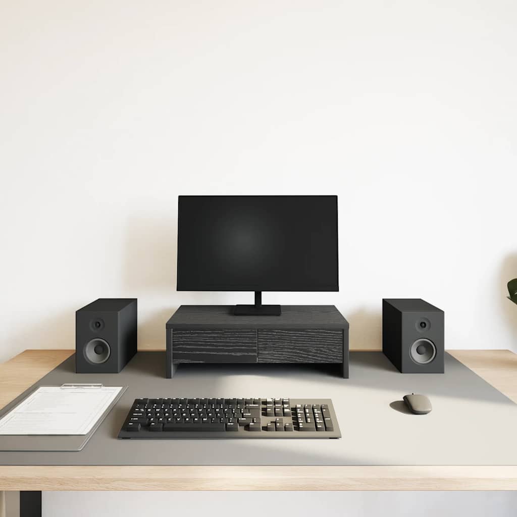 Dual Monitor Stand with Drawers Black Oak Effect 50 X 27 X 15 Cm