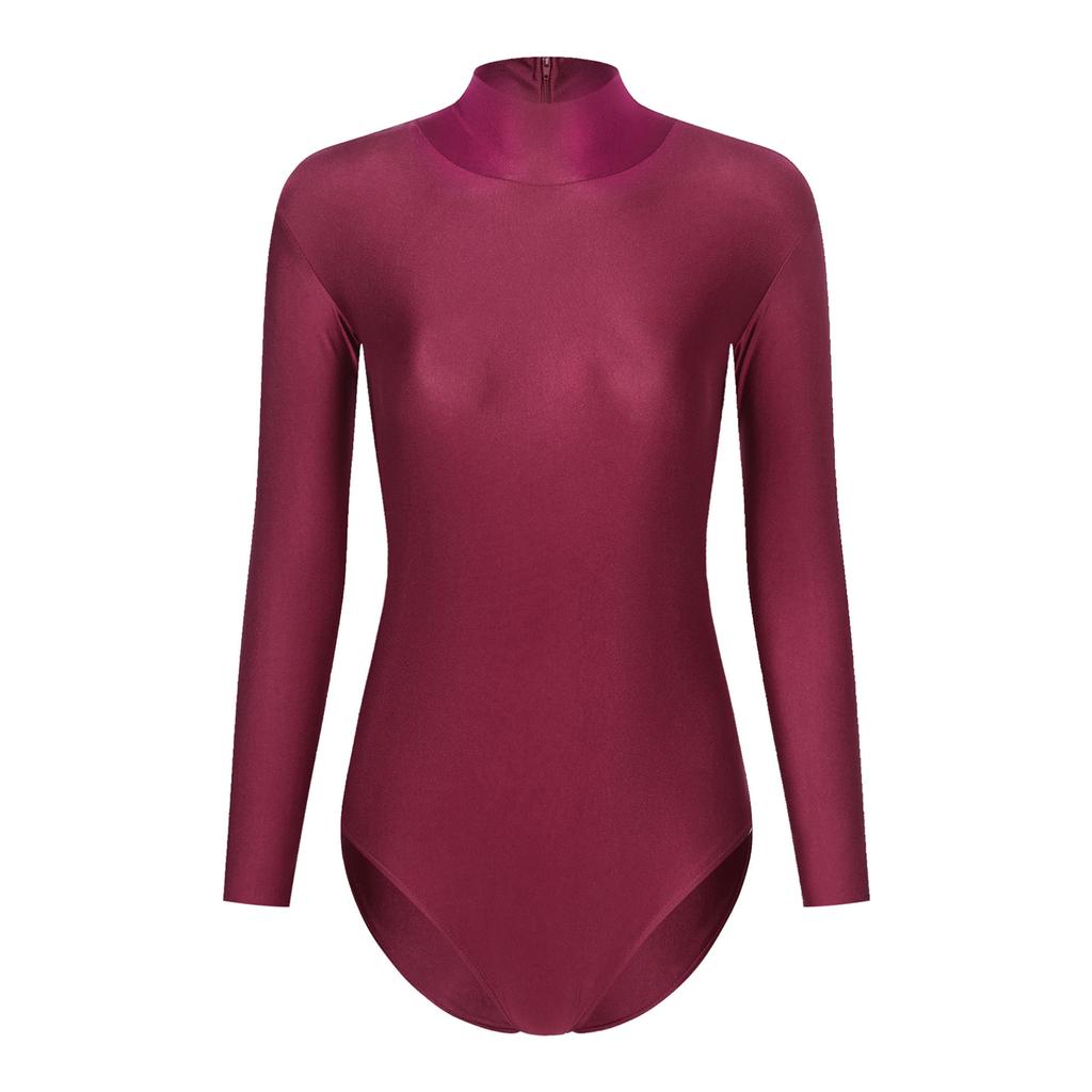 Damen-Body mit Stehkragen und langen Ärmeln, einfarbig, mit Reißverschluss hinten, dehnbarer Trikot-Gymnastik-Tanz-Overall