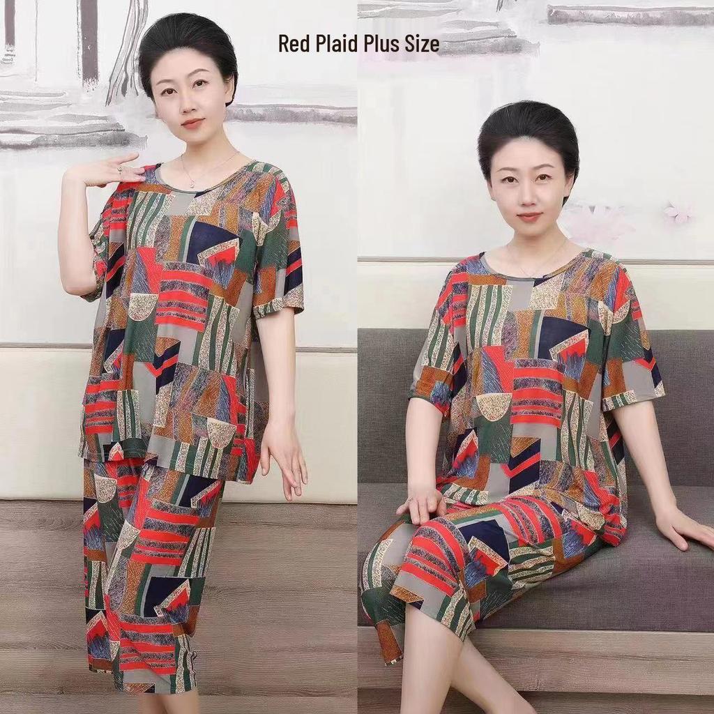 Ice Silk Summer Set for Middle-Aged & Elderly Women - Short-Sleeve Casual Homewear Pajamas