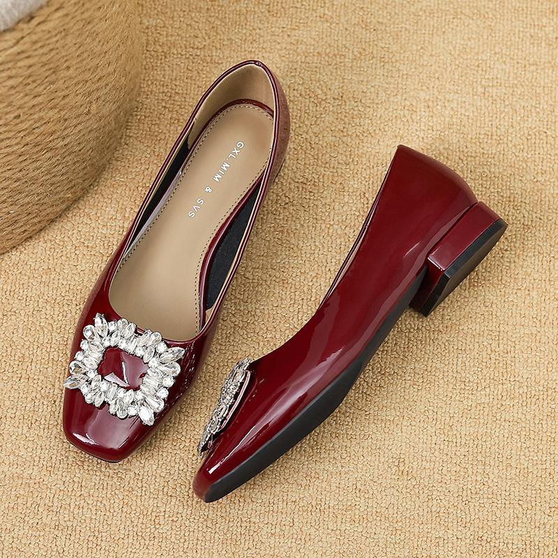 Huiliya Square Head Single Shoes Women's 2025 Women's Thick Heel New Fashion Commuting Temperament Low Heel Square Buckle Rhinestone Women's Shoes