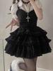 LAVASEON Spitze Kleid Süßes Oberteil und Unterteil Rüschenband und Hosenträger Mini Lolita Prinzessin Mori Girl Schönes Schwarzes Damen 2-teiliges Set, Set, Hemd,